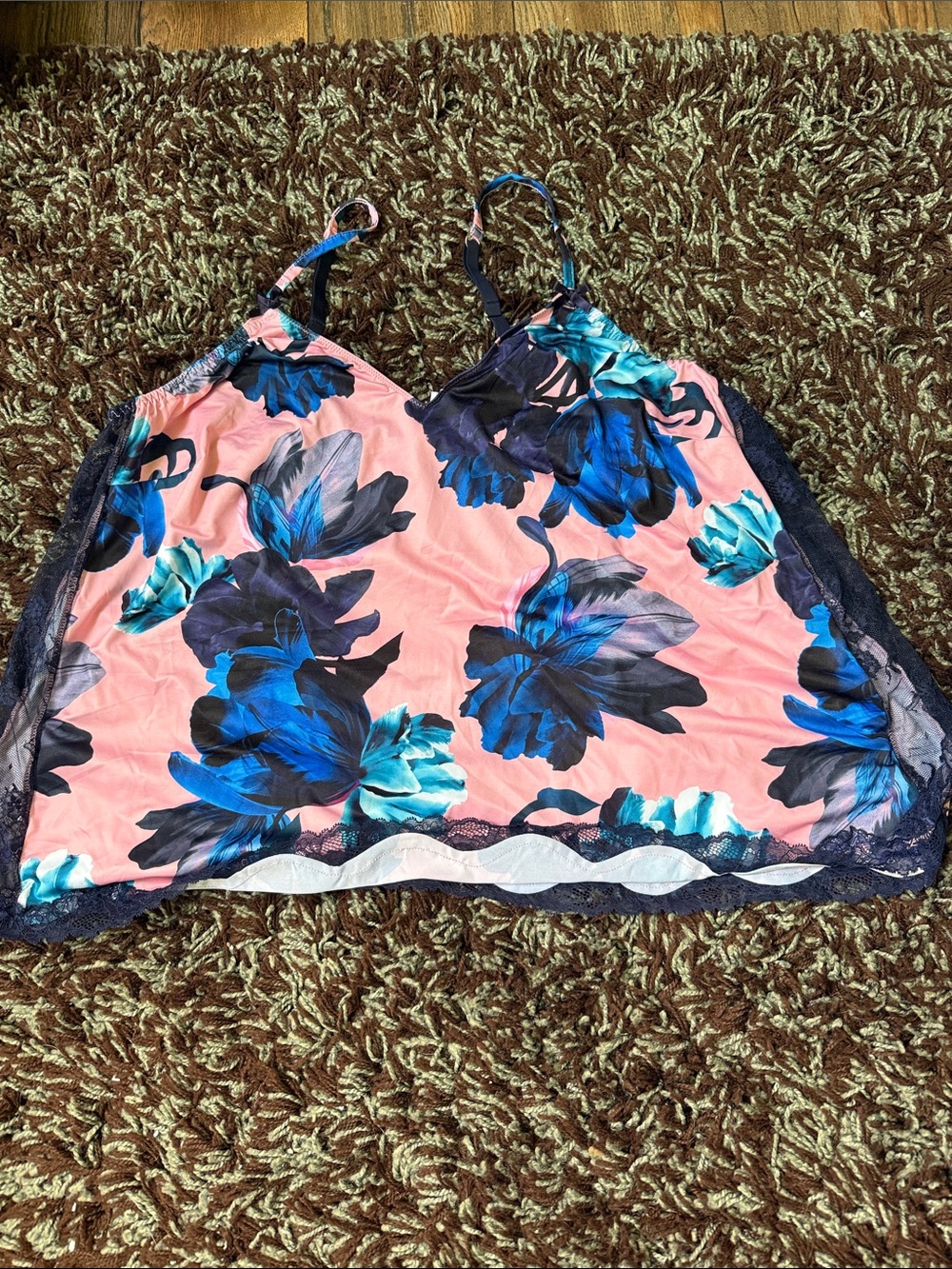 Floral Pink & Blue Lace Trim Pajama Cami Top